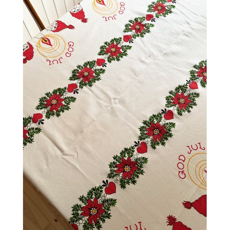 Retro Christmas tablecloth, elves and candles, creme, NB, 135 x 225 cm