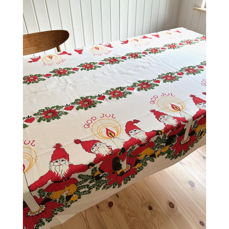 Retro Christmas tablecloth, elves and candles, creme, NB, 135 x 225 cm