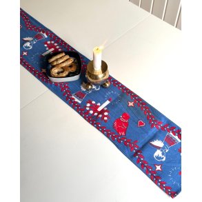 Vintage tablerunner, blue w print, NB, 17 x 97 cm