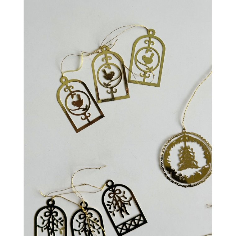 Ornaments, golden metal, set of 15