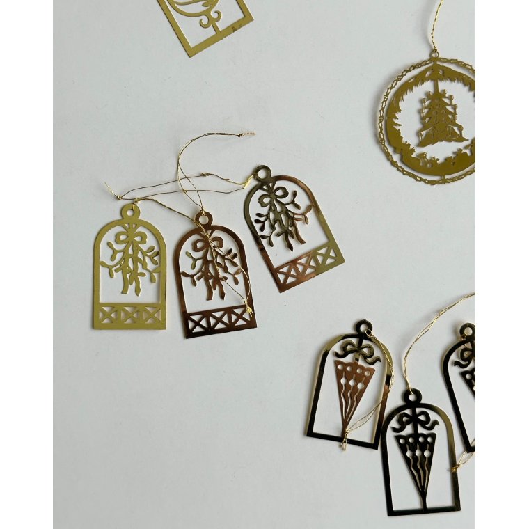 Ornaments, golden metal, set of 15