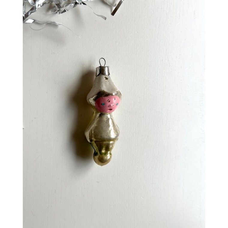 Vintage julekugle, alf m hvid hue