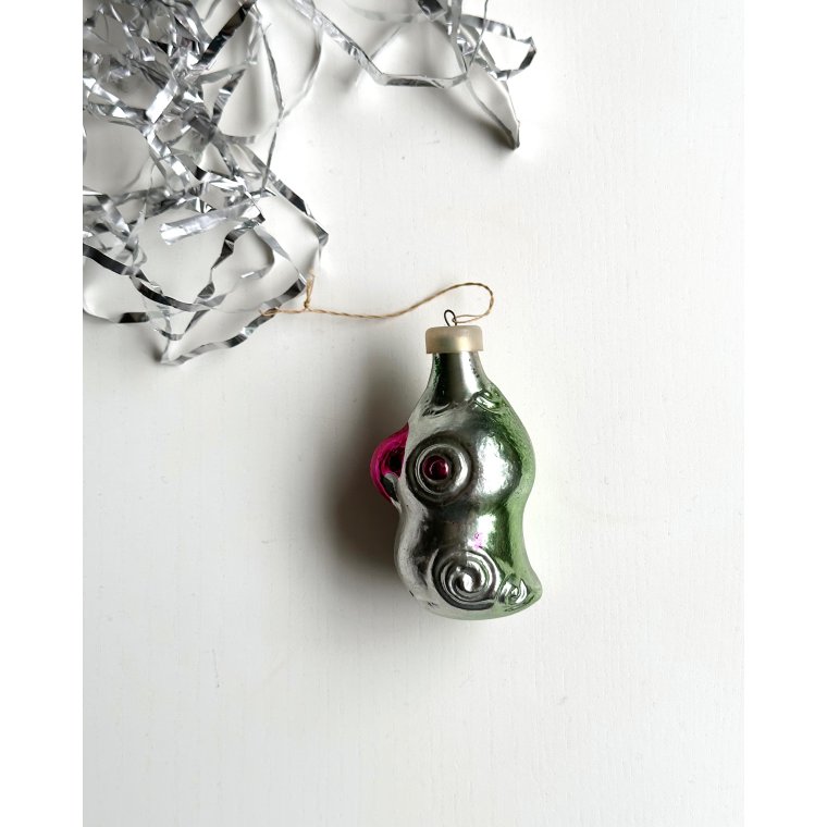 Vintage ornament, papegje, lysegrn m lilla nb