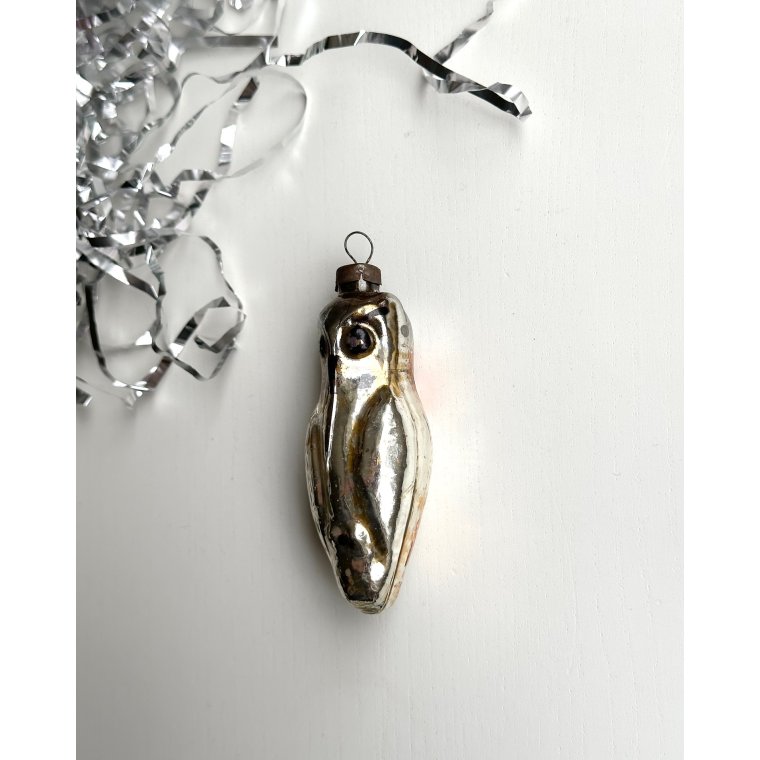 Vintage juleornament, slv ugle m brun