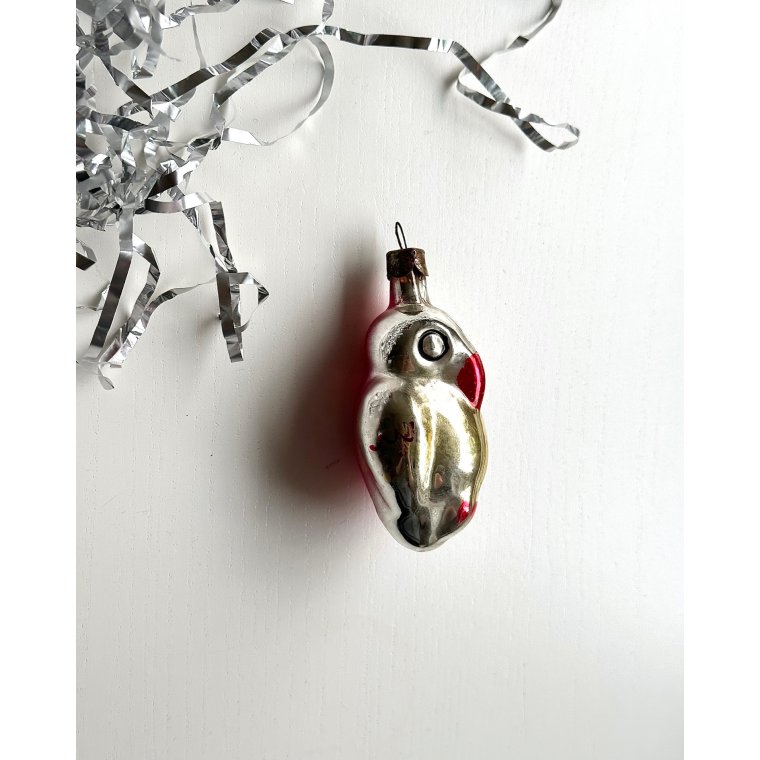Vintage juleornament, slv papegje m gul/rd