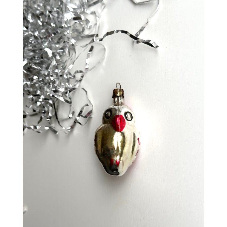 Vintage juleornament, slv papegje m gul/rd