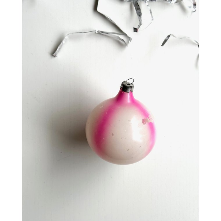 Vintage julekugle, hvid m neon pink