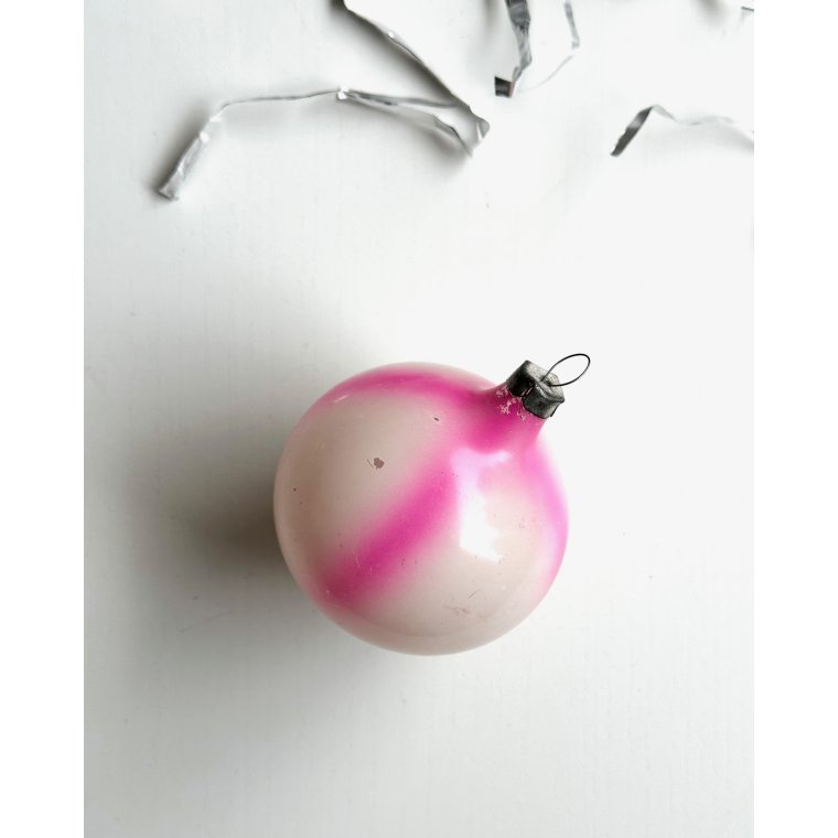 Vintage julekugle, hvid m neon pink