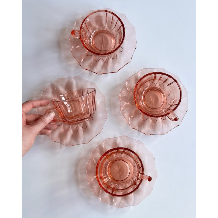 Kopper m underkopper, rosa glas, 4 s�t samlet