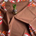 Retro Christmas tablecloth, brown w Santas, 135 x 195 cm