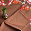 Retro Christmas tablecloth, brown w Santas, 135 x 195 cm