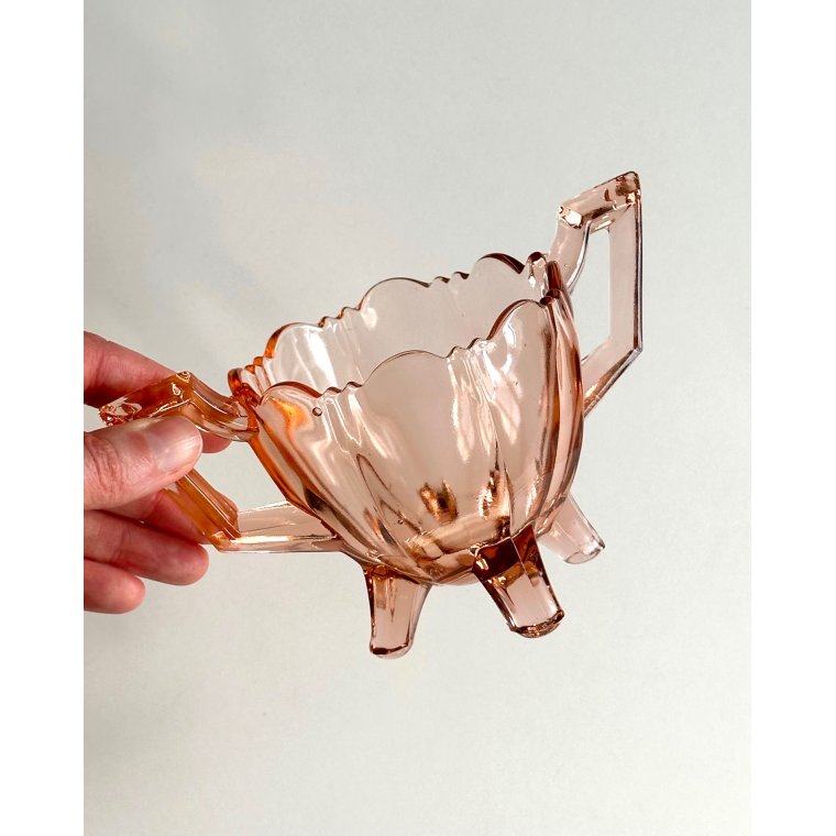 Dish w handles, rosy glass