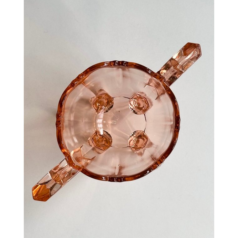 Dish w handles, rosy glass