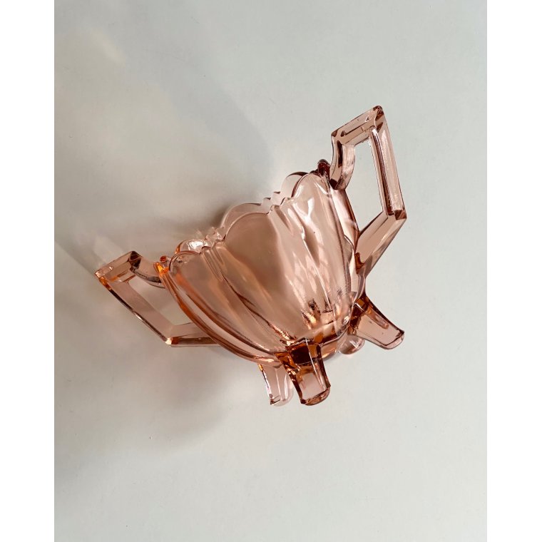 Dish w handles, rosy glass