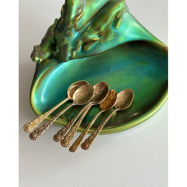 Mokkaskeer, forgyldte m blomster, Denmark, 6 stk samlet