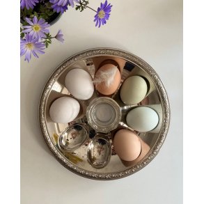 Egg dish, silvertone, patinated