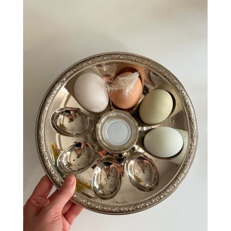 Egg dish, silvertone, patinated