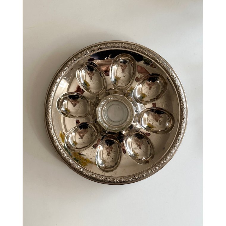 Egg dish, silvertone, patinated