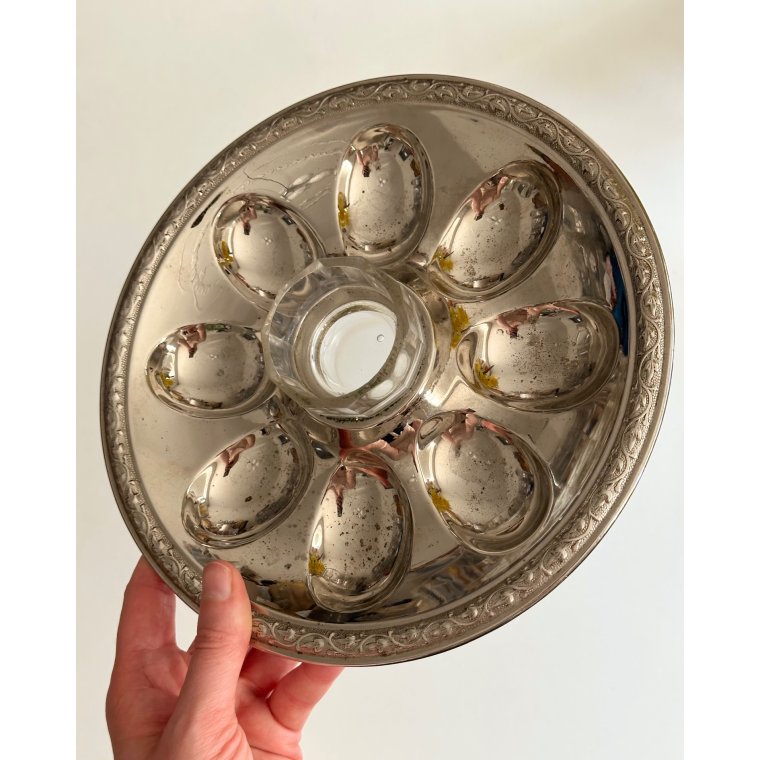 Egg dish, silvertone, patinated