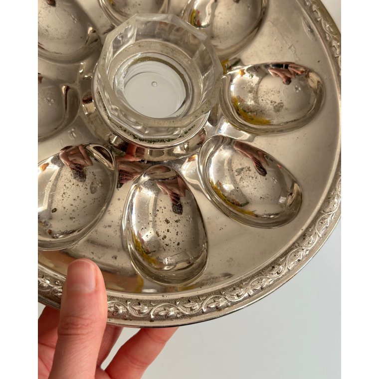 Egg dish, silvertone, patinated