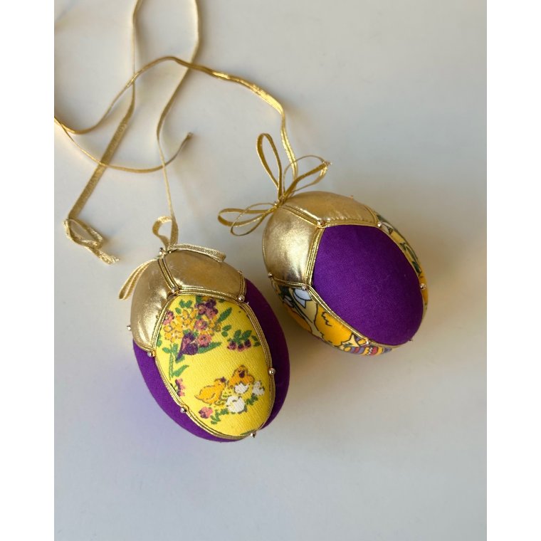 Medium Easter egg, golden w purple and chickens, set of 2