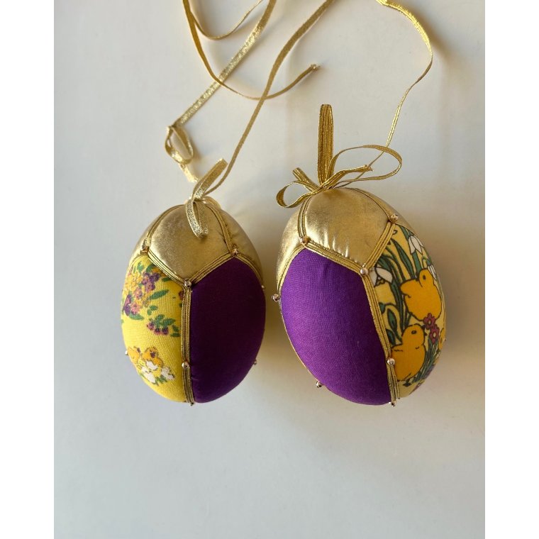 Medium Easter egg, golden w purple and chickens, set of 2