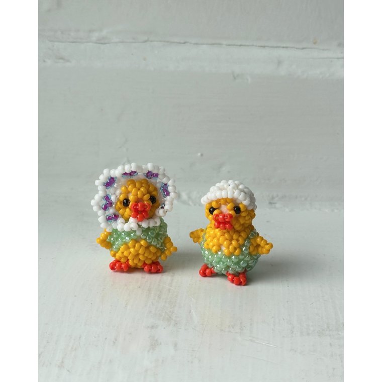 Pearl-stitched chickens, pastel