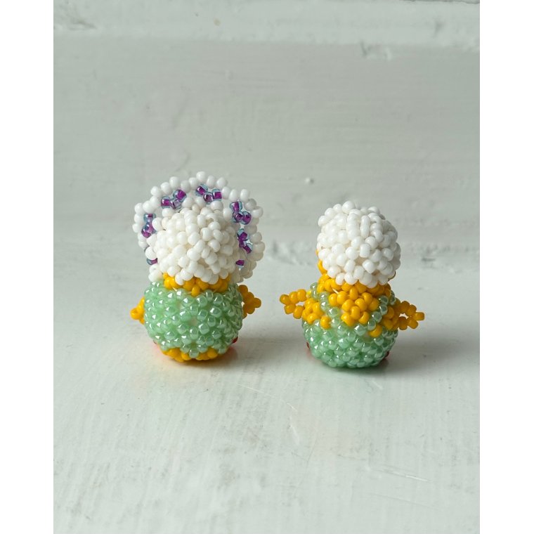 Pearl-stitched chickens, pastel
