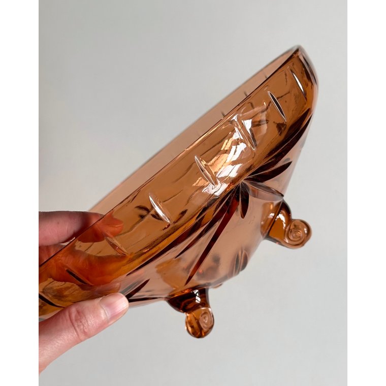 Rosy glass bowl w 3 feet