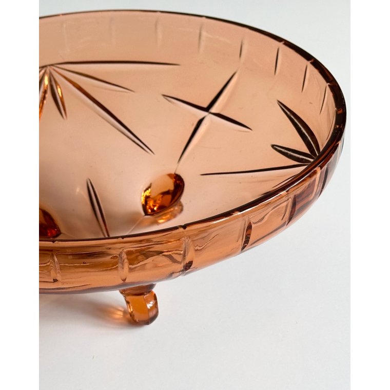 Rosy glass bowl w 3 feet