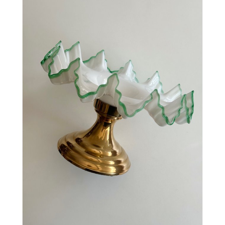 Antique pedestal dish, opaline w green trim