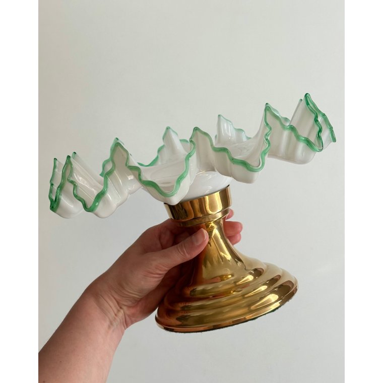 Antique pedestal dish, opaline w green trim