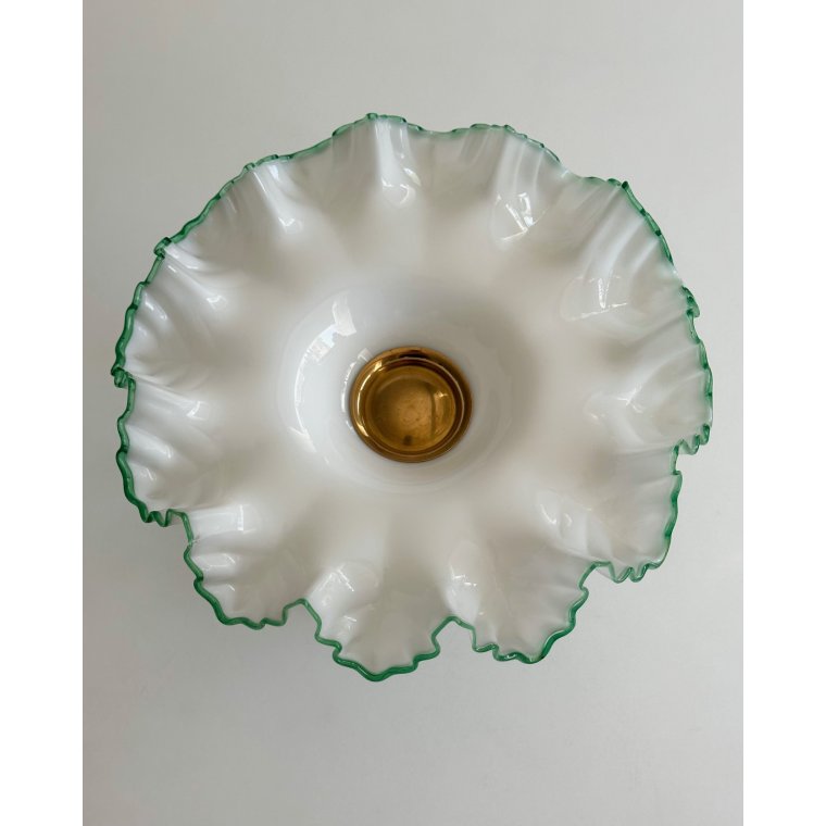 Antique pedestal dish, opaline w green trim