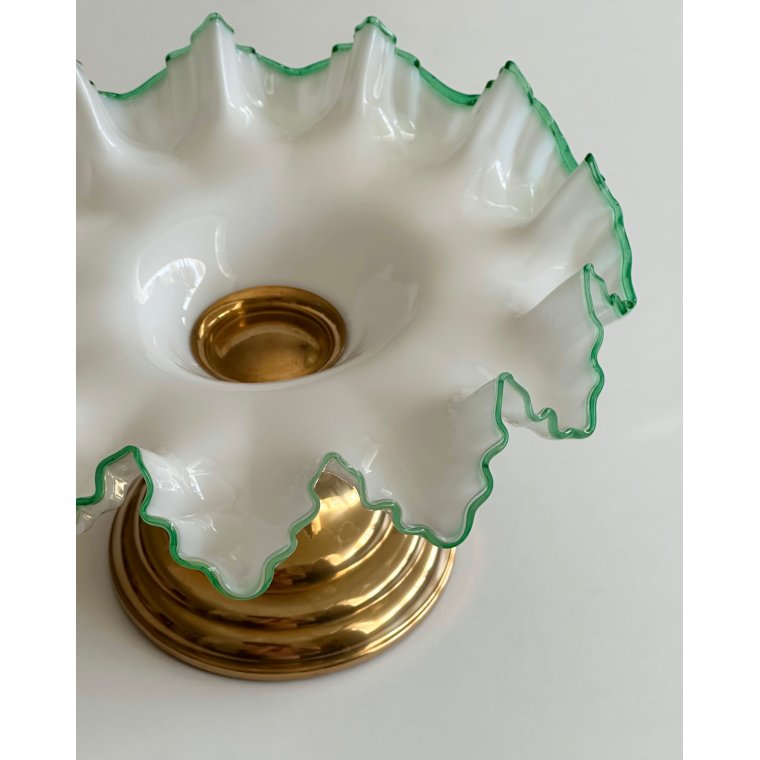 Antique pedestal dish, opaline w green trim