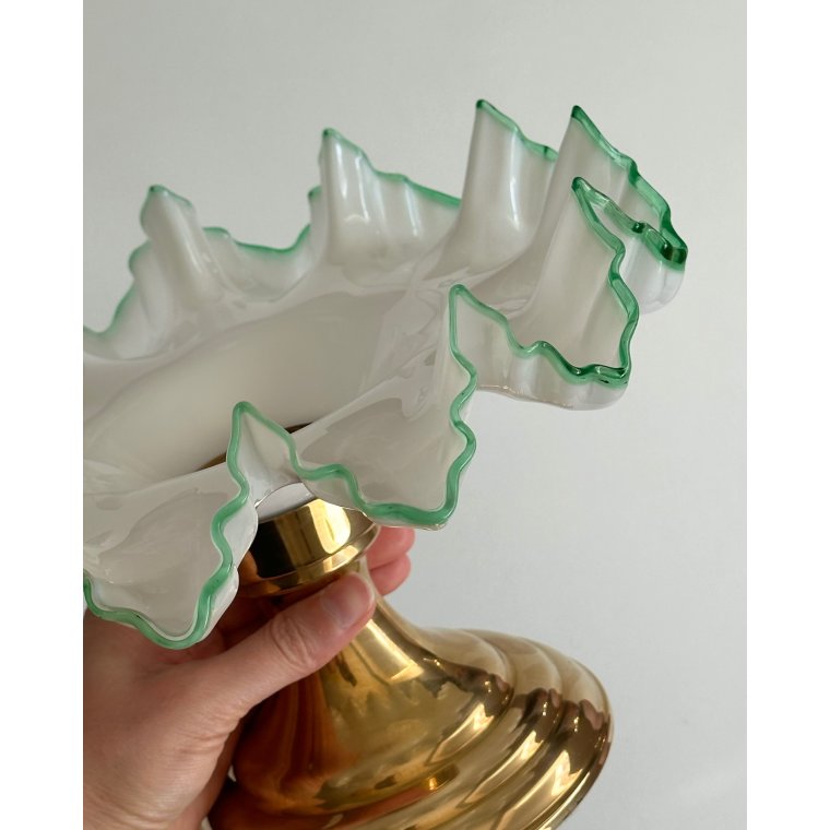 Antique pedestal dish, opaline w green trim