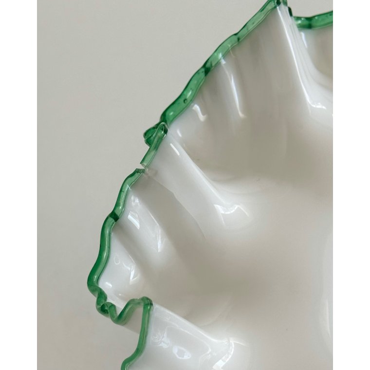 Antique pedestal dish, opaline w green trim