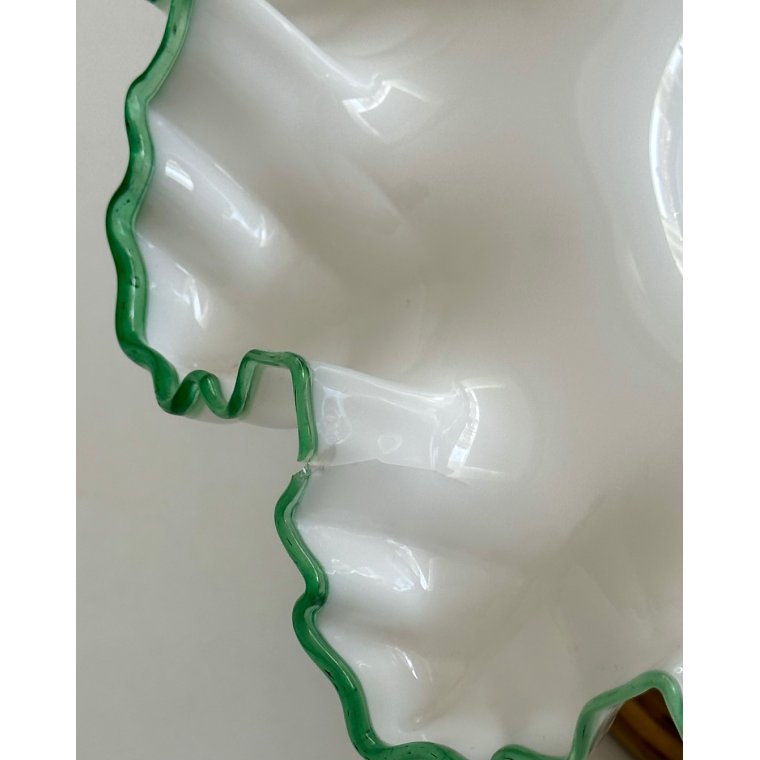 Antique pedestal dish, opaline w green trim