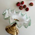 Antique pedestal dish, opaline w green trim