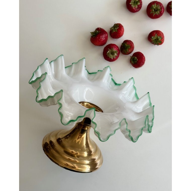 Antique pedestal dish, opaline w green trim