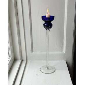 Tall glass candleholder, blue and swirl