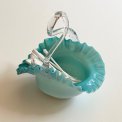 Ruffled dish w handle, light blue