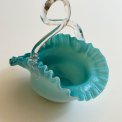 Ruffled dish w handle, light blue