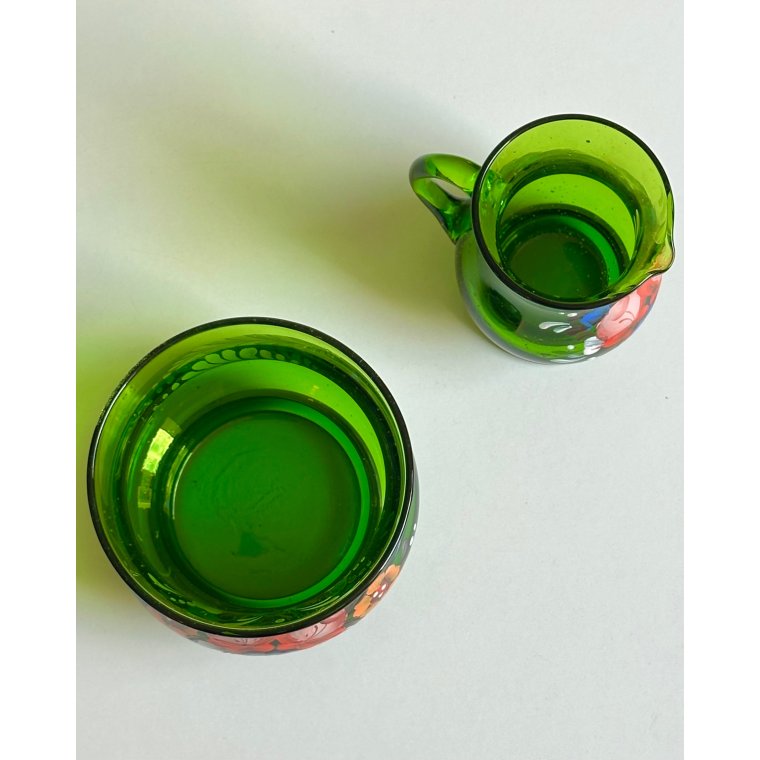 Sukker- og fl�des�t, gr�nt glas m bemaling