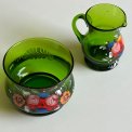 Sukker- og fl�des�t, gr�nt glas m bemaling