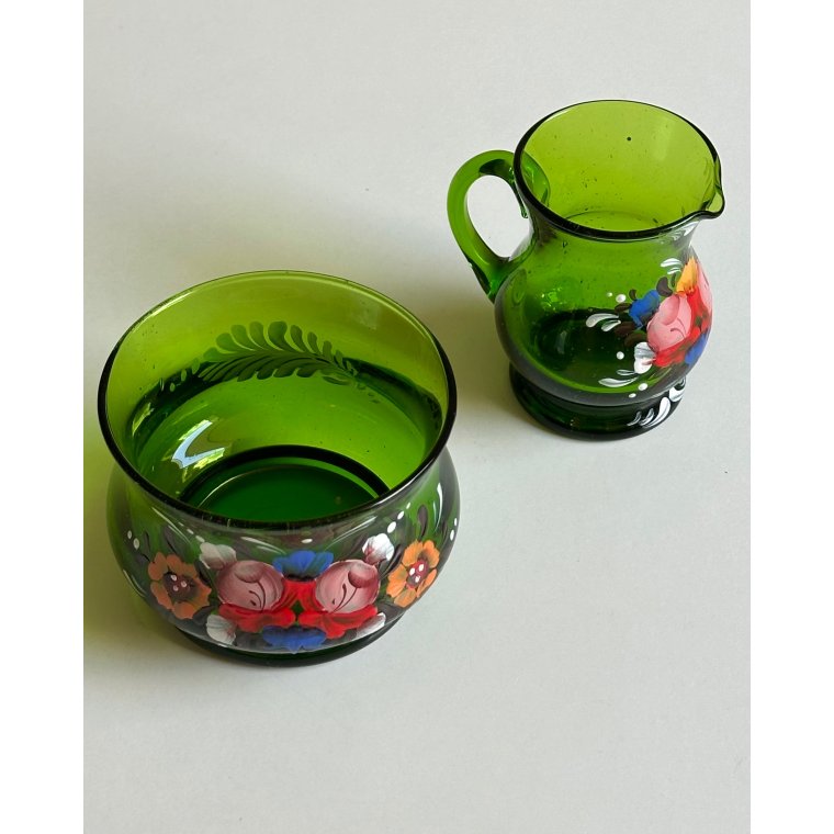 Sukker- og fl�des�t, gr�nt glas m bemaling