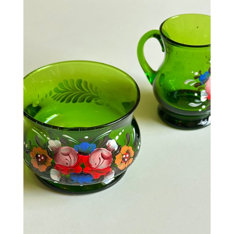 Sukker- og fl�des�t, gr�nt glas m bemaling