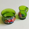Sukker- og fl�des�t, gr�nt glas m bemaling