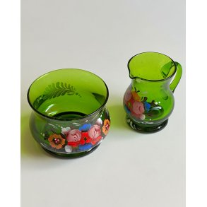 Sugar and cream set, green glass w decoration