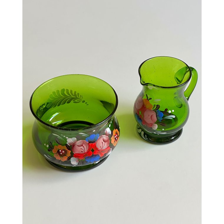 Sukker- og fl�des�t, gr�nt glas m bemaling