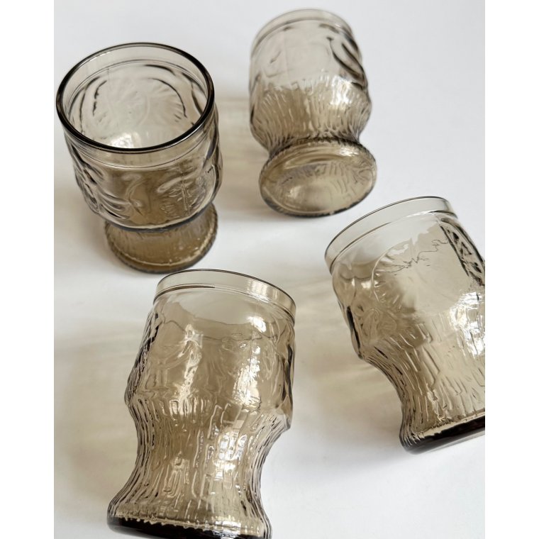 Smokey glasses w fruit motifs, Italy, set of 4